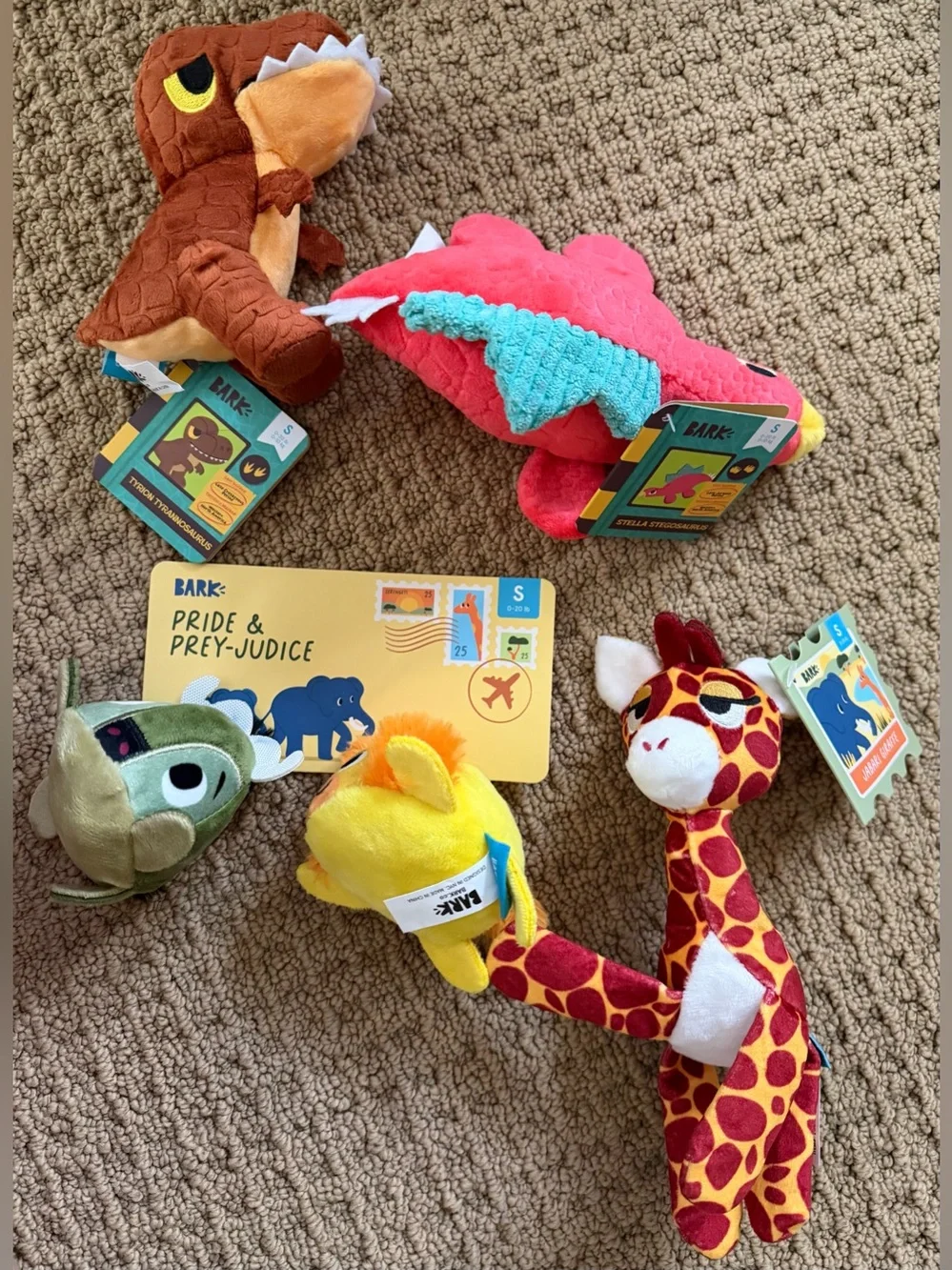 BARK Plush Safari & Dino Toy Set - Brown, Pink, Yellow, Green, Red, Cream